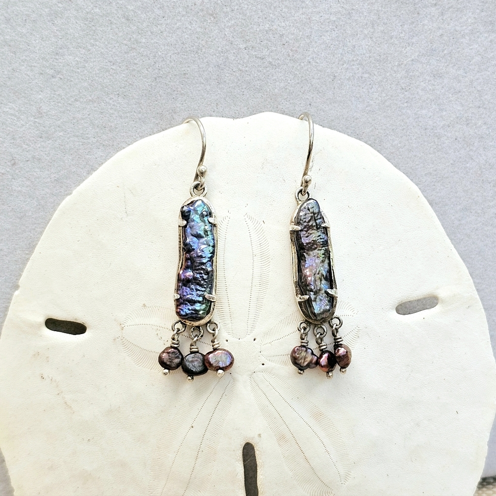 Peacock Stick Natural Pearls Dangle Earrings 925
